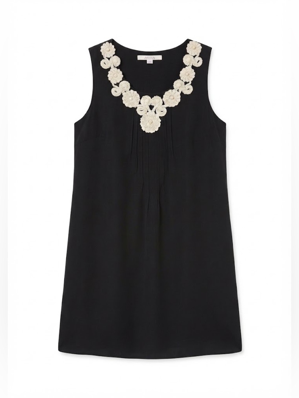 Jenny Han Black Sleeveless Silk Dress with Cream Floral Neck Applique Hemmed 31”